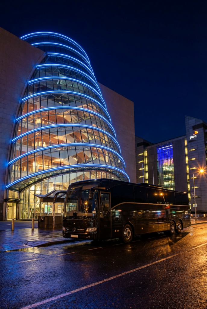 A nice black corporate mercedes bus outside dublin's convention centre in ireland