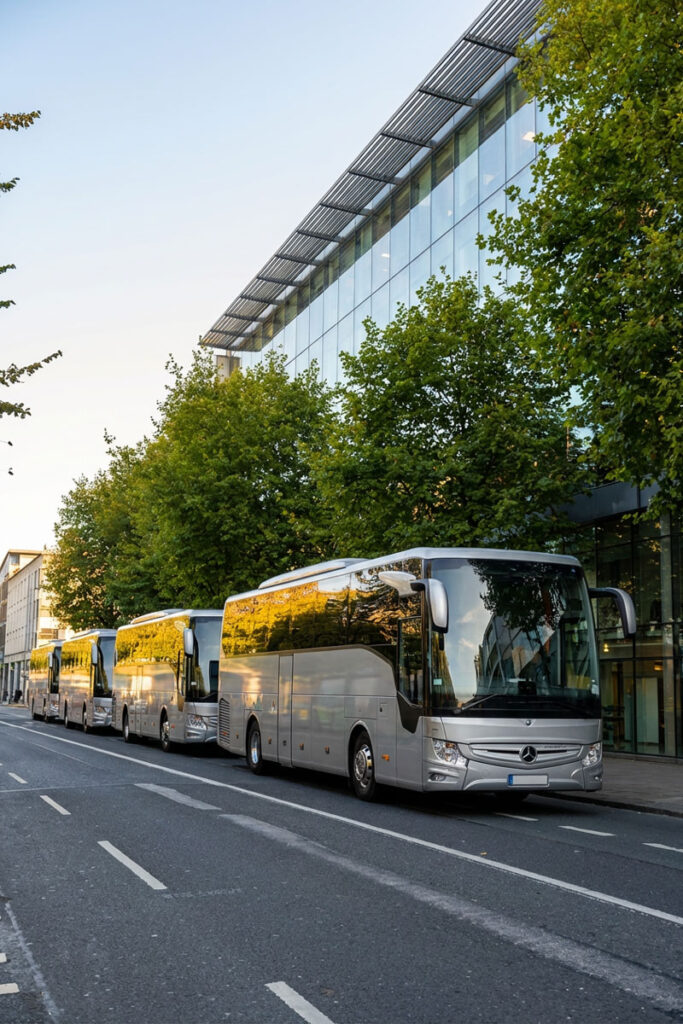 Private bus hire in Ireland with line of Mercedes Tourismo Coaches ready for students to board them outside Trinity College Dublin