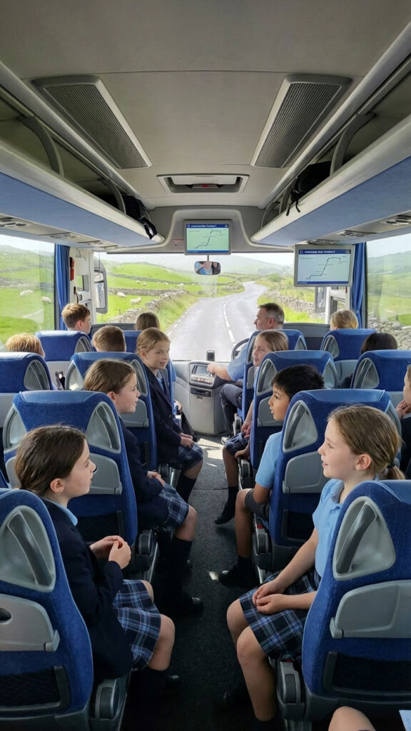 School children chatting on a bus in Ireland from Marathon Coach Hire coach hire for schools
